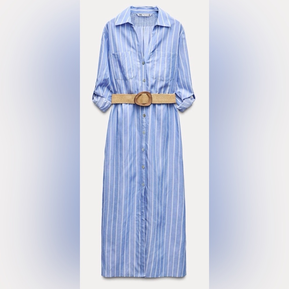 ZARA WOMEN STRIPED BELTED SHIRT DRESS BLUE WHITE NWT | 8243/971